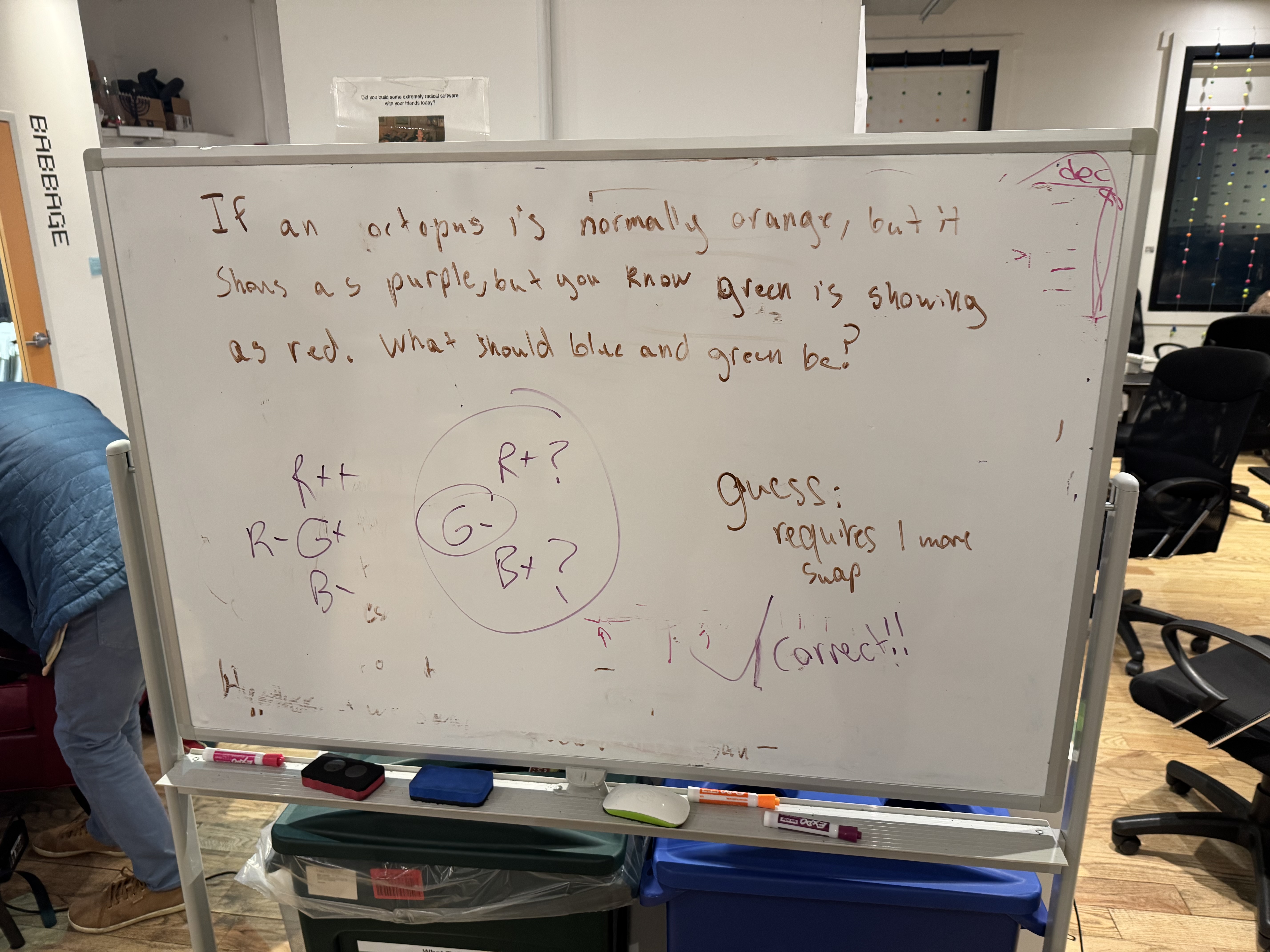 Whiteboard as we try to figure out the color pinout